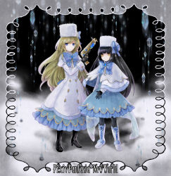 Rule 34 | 2girls, black footwear, black gloves, black hair, blank eyes, blonde hair, blue bow, blue dress, blue eyes, blue footwear, blunt bangs, boots, bow, capelet, copyright name, cross-laced footwear, dress, expressionless, framed, frilled dress, frills, full body, fur hat, gem, gloves, gun, hat, high heel boots, high heels, holding, holding weapon, ice, juliet sleeves, kuroi nyan, lace-up boots, long hair, long sleeves, looking at viewer, multiple girls, original, pantyhose, pixiv fantasia, pixiv fantasia new world, puffy sleeves, snow, weapon, yellow eyes