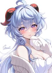 Rule 34 | 1girl, absurdres, ahoge, artist name, bare shoulders, blue hair, blush, breasts, cleavage, cokecoco, ganyu (genshin impact), genshin impact, goat horns, gradient eyes, hair between eyes, hand up, highres, horns, long hair, looking at viewer, medium breasts, multicolored eyes, off shoulder, parted lips, purple eyes, ribbed sleeves, ribbed sweater, sidelocks, simple background, sleeves past fingers, sleeves past wrists, solo, spaghetti strap, sweater, upper body, white background, white sweater
