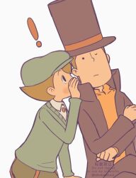 Rule 34 | !, 2boys, abarenbou bifun, black eyes, blush, brown hair, brown headwear, brown jacket, brown pants, cabbie hat, closed mouth, collared shirt, covering own mouth, frown, green headwear, green shorts, green sweater, hand over own mouth, hat, hershel layton, high collar, jacket, long sleeves, looking at another, luke triton, male focus, multiple boys, one eye closed, open clothes, open jacket, orange sweater, pants, professor layton, shirt, short hair, shorts, sitting, sweater, top hat, twitter username, whispering, white background, white shirt