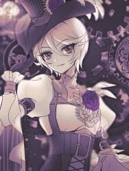 Rule 34 | 1girl, belt, chuu0105, closed mouth, commentary request, feathers, flower, gears, gloves, hair between eyes, hand on headwear, hand up, hat, korean commentary, long sleeves, looking at viewer, pretty series, pripara, puffy sleeves, purple flower, purple rose, rose, sepia, shikyoin hibiki, shirt, short hair, smile, solo, spot color, steampunk, top hat, upper body