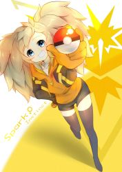 Rule 34 | 10s, 1girl, blonde hair, blue eyes, character name, dutch angle, emblem, from above, genderswap, genderswap (mtf), gloves, grin, hand on own hip, highres, holding, holding poke ball, hood, hoodie, jacket, jewelry, necklace, open clothes, open jacket, orange gloves, poke ball, pokemon, pokemon go, short shorts, shorts, smile, solo, spark (pokemon), team instinct, thighhighs, twintails, yedda50431