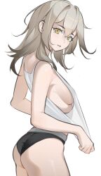 1girl alternate_costume ass bea_lenoir black_panties breasts commentary grey_hair hashtag-only_commentary highres honkai:_star_rail honkai_(series) long_hair looking_at_viewer panties parted_lips pulling_own_clothes sideboob simple_background solo stelle_(honkai:_star_rail) tank_top trailblazer_(honkai:_star_rail) underwear wedgie white_background white_tank_top yellow_eyes