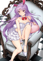 Rule 34 | 1girl, ahoge, alternate costume, animal ears, bare legs, bow, bowtie, breasts, cleavage, closed mouth, collarbone, couch, detached collar, frilled leotard, frilled skirt, frills, hataraki kuma, high heels, leotard, looking at viewer, medium breasts, purple hair, rabbit ears, rabbit girl, rabbit tail, red bow, red bowtie, red eyes, reisen udongein inaba, sitting, skirt, smile, solo, strapless, strapless leotard, strappy heels, tail, touhou, white leotard, white skirt, white wrist cuffs, wrist cuffs