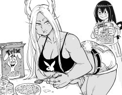 Rule 34 | 2girls, absurdres, animal ears, ass, asui tsuyu, bb (baalbuddy), bent over, black tank top, boku no hero academia, breasts, cereal, cereal box, chewing, cleavage, collarbone, dark-skinned female, dark skin, denim, denim shorts, eating, greyscale, highres, holding, holding spoon, large breasts, long hair, mirko, monochrome, multiple girls, rabbit ears, rabbit tail, short shorts, shorts, simple background, spoon, tail, tank top, thighs, white background