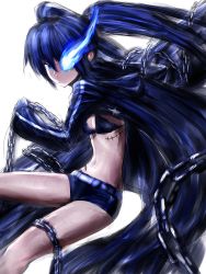 Rule 34 | 10s, 1girl, arm cannon, bikini, bikini top only, black hair, black rock shooter, black rock shooter (character), blue eyes, blue hair, chain, female focus, fumio (rsqkr), glowing, glowing eyes, matching hair/eyes, midriff, scar, sketch, solo, swimsuit, twintails, uneven twintails, vocaloid, weapon