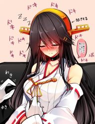 Rule 34 | 10s, 1boy, 1girl, admiral (kancolle), bare shoulders, black hair, blush, breasts, choker, cleavage, closed eyes, collarbone, couch, detached sleeves, embarrassed, epaulettes, eyebrows, eyes visible through hair, feigning sleep, hair ornament, hairclip, haruna (kancolle), headgear, heart lock (kantai collection), kantai collection, large breasts, long hair, long sleeves, nontraditional miko, out of frame, pink background, remodel (kantai collection), simple background, sitting, solo focus, speech bubble, sweatdrop, thought bubble, translated, tsukui kachou, waking up