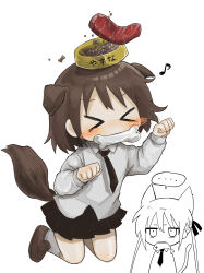 Rule 34 | &gt; &lt;, ..., 2girls, absurdres, animal ears, black necktie, black skirt, blush stickers, bone, brown footwear, brown hair, cat, cat ears, cat tail, chibi, chibi inset, collared shirt, commentary request, dog ears, dog girl, dog tail, food, food on head, hair ribbon, hands up, highres, jumping, kemonomimi mode, kill me baby, kneehighs, loafers, meat, mouth hold, multiple girls, musical note, necktie, object on head, oribe yasuna, partially colored, paw pose, pet food, pleated skirt, ribbon, sharp teeth, shirt, shoes, short hair, simple background, skirt, socks, sonya (kill me baby), spoken ellipsis, steak, tail, teeth, twintails, white background, white shirt, white socks, yasashii naizou