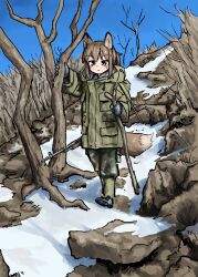 Rule 34 | 1girl, :&lt;, absurdres, animal ears, brown eyes, brown hair, fox ears, fox girl, fox girl (yihan1949), fox tail, gloves, gun, highres, holding, holding stick, military uniform, original, ponytail, rifle, snow, solo, stick, tail, tree, uniform, walking, weapon, winter clothes, yihan1949