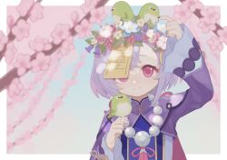 Rule 34 | 1girl, 750x077, animal, bead necklace, beads, bellflower, bird, blurry, blurry background, blush, bow, branch, cherry blossoms, closed mouth, coin hair ornament, dress, flower, genshin impact, hair flower, hair ornament, hat, highres, holding, holding animal, holding bird, jewelry, jiangshi, light smile, long hair, long sleeves, looking at viewer, necklace, ofuda, outdoors, petals, pink flower, purple eyes, purple hair, qingdai guanmao, qiqi (genshin impact), ribbon, short hair, smile, solo, tree, upper body, wide sleeves