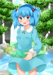 Rule 34 | 1girl, blue eyes, blue hair, blue shirt, blue skirt, blurry, blush, breasts, commentary request, cowboy shot, day, depth of field, furrowed brow, hair bobbles, hair ornament, holding, holding swim ring, innertube, kawashiro nitori, long sleeves, looking at viewer, medium breasts, no headwear, open mouth, outdoors, rock, rururiaru, shirt, short hair, skirt, sleeve cuffs, solo, standing, swim ring, thighs, touhou, tree, trembling, twintails, two side up, water, waterfall