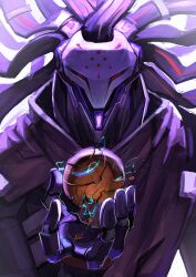 Rule 34 | 1boy, cyborg, duck x805, highres, holding orb, male focus, mechanical arms, mechanical hands, mechanical parts, omnic, orb, overwatch, overwatch 2, purple theme, ramattra (overwatch), robot, scarf, solo, upper body