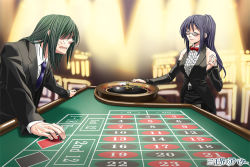 Rule 34 | 1boy, 1girl, blue neckwear, bow, bowtie, casino, detached sleeves, closed eyes, formal, frills, glasses, green hair, hair over eyes, indoors, long hair, necktie, official art, purple hair, red neckwear, roulette table, sanzenkai no avatar, smile, standing, suit, sunglasses, sweat, nervous sweating, table, watermark