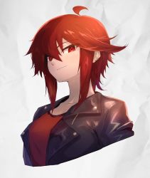 Rule 34 | 1girl, absurdres, ahoge, black jacket, breasts, commentary request, ear piercing, highres, jacket, leather, leather jacket, medium breasts, ohako (ohako1818), original, piercing, red eyes, red hair, red shirt, shirt, short hair, short hair with long locks, sidelocks, smile, upper body, white background