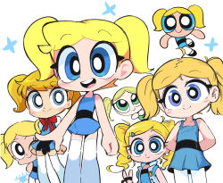 Rule 34 | 6+girls, arms behind back, black eyes, blonde hair, blue dress, blue vest, bubbles (ppg), child, closed mouth, dress, goutokuji miyako, green dress, green eyes, highres, kim crab, looking at viewer, multiple girls, multiple persona, one eye closed, open mouth, powerpuff girls, powerpuff girls doujinshi, powerpuff girls z, red ribbon, ribbon, rolling bubbles, smile, teeth, thighhighs, toon (style), twintails, vest, white thighhighs