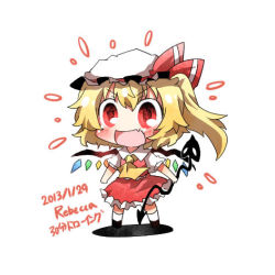 Rule 34 | &gt;:d, 1girl, 2013, :d, artist name, bad id, bad twitter id, blonde hair, chibi, dated, female focus, flandre scarlet, lowres, open mouth, rebecca (keinelove), red eyes, simple background, smile, solo, touhou, v-shaped eyebrows, white background, wings