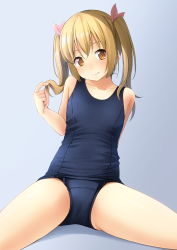 Rule 34 | 1girl, blue one-piece swimsuit, brown eyes, flat chest, gradient background, highres, light brown hair, long hair, looking at viewer, old school swimsuit, one-piece swimsuit, original, ribbon, school swimsuit, shibacha, simple background, sitting, smile, solo, split, spread legs, swimsuit, twintails