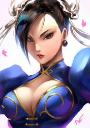Rule 34 | 1girl, absurdres, blue dress, breasts, brown eyes, brown hair, bun cover, capcom, china dress, chinese clothes, chun-li, cleavage, cleavage cutout, clothing cutout, commentary, double bun, dress, earrings, english commentary, eyeshadow, hair bun, highres, jewelry, large breasts, looking at viewer, makeup, parted lips, puffy short sleeves, puffy sleeves, red lips, short sleeves, solo, street fighter, yuuko takega