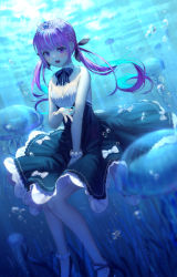Rule 34 | 1girl, :o, ahoge, air bubble, animal, aqua hair, bare arms, bare shoulders, black dress, blue theme, blush, bow, bowtie, braid, breasts, bubble, cleavage, colored inner hair, commentary request, day, detached collar, dress, dutch angle, floating hair, french braid, hair ribbon, heart, highres, hololive, jellyfish, ji dao ji, light rays, long hair, looking at viewer, minato aqua, multicolored hair, open mouth, outdoors, pink eyes, pink hair, ribbon, scrunchie, seaweed, sidelocks, small breasts, solo, striped bow, striped bowtie, striped clothes, striped neckwear, sunbeam, sunlight, teeth, tiara, twintails, two-tone hair, underwater, virtual youtuber, water, wrist scrunchie