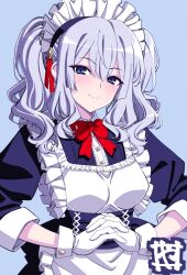 Rule 34 | 1girl, alternate costume, apron, artist logo, black dress, blue eyes, dress, enmaided, frilled apron, frills, gloves, grey hair, highres, kantai collection, kashima (kancolle), long hair, looking at viewer, maid, maid headdress, own hands clasped, own hands together, solo, twintails, upper body, wavy hair, white apron, white gloves, wrist cuffs, yamayoshi