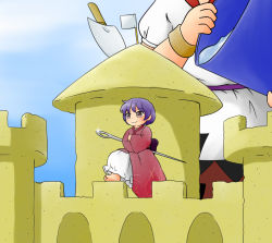 Rule 34 | 2girls, barefoot, blue hair, blue sky, bucket, bucket of water, crossed arms, cuffs, day, dress, flag, glint, japanese clothes, kijin seija, kimono, looking to the side, mini person, minigirl, multiple girls, needle, no headwear, out of frame, outdoors, purple eyes, sand castle, sand sculpture, shackles, short hair, short sleeves, sky, smile, sukuna shinmyoumaru, touhou, white dress, white flag, worktool, yukimuro