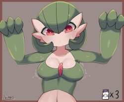 Rule 34 | 1girl, absurdres, arms up, artist name, bad id, bad pixiv id, blush, bob cut, border, bottle, breast expansion, breasts, brown background, brown border, closed mouth, collarbone, colored skin, creatures (company), female focus, game freak, gardevoir, gen 3 pokemon, green hair, green skin, hair between eyes, highres, looking down, medium breasts, milk bottle, moomoo milk, motion lines, multicolored skin, nintendo, outside border, pokemon, pokemon (creature), red eyes, ryuusui arumo, shiny skin, short hair, signature, simple background, solo, sweat, two-tone skin, upper body, white skin