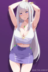 Rule 34 | 1girl, absurdres, alternate costume, armpits, arms behind head, arms up, artist name, bracelet, breasts, cedric (gear art), cleavage, contemporary, cropped shirt, emilia (re:zero), highres, jewelry, large breasts, lips, long hair, looking at viewer, navel, parted lips, pendant, pointy ears, purple background, purple eyes, purple skirt, re:zero kara hajimeru isekai seikatsu, shirt, simple background, skirt, sleeveless, sleeveless shirt, slit pupils, solo, standing, white shirt