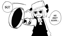 Rule 34 | ascot, bad id, bad twitter id, bow, cooking pot, english text, frying pan, hair bow, highres, hikibee, holding, holding frying pan, long sleeves, open mouth, pot on head, ribbon, rumia, sharp teeth, shirt, short hair, frying pan, solo, teeth, touhou, vest