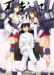 Rule 34 | 10s, 1boy, 2girls, admiral (kancolle), ankle socks, bare shoulders, blue eyes, breasts, crossover, darkmaya, detached sleeves, fusou (kancolle), girl sandwich, gloves, hair ornament, hand on own hip, hat, kamijou touma, kantai collection, large breasts, crossed legs, long hair, looking at viewer, machinery, middle finger, military, military uniform, multiple girls, naval uniform, nontraditional miko, peaked cap, pleated skirt, red skirt, sandals, sandwiched, short hair, skirt, socks, sweat, toaru majutsu no index, trait connection, uniform, white gloves, yamashiro (kancolle)