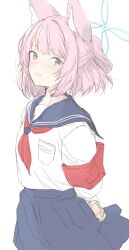 Rule 34 | 1girl, animal ear fluff, animal ears, armband, blue archive, blue eyes, blue halo, blue sailor collar, blue skirt, commentary, halo, kohaku q, long sleeves, looking at viewer, neckerchief, niko (blue archive), open mouth, pink hair, red neckerchief, sailor collar, school uniform, serafuku, short hair, simple background, sketch, skirt, smile, solo, white background