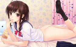 Rule 34 | 1girl, ass, black socks, bottomless, bow, brown eyes, brown hair, capelet, collarbone, feet, food, highres, ice cream, ice cream cone, legs up, licking, licking finger, looking at viewer, lying, n.g., no shoes, on bed, on stomach, original, school uniform, serafuku, shirt, short sleeves, skirt, unworn skirt, socks, soft serve, solo, third-party edit