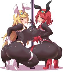Rule 34 | 2girls, ahoge, animal ears, ass, ass grab, blonde hair, blue nails, blush, bodysuit, breast press, breasts, curvy, deep skin, dual persona, earrings, easter, female focus, fingerless gloves, gloves, high heels, highleg, highleg leotard, highres, huge ass, huge breasts, jewelry, konno tohiro, large breasts, leotard, long hair, looking at viewer, looking back, matching hair/eyes, multiple girls, mythra (xenoblade), nail polish, nintendo, open mouth, orange eyes, pantyhose, pole, pyra (xenoblade), rabbit ears, red eyes, red footwear, red hair, sexually suggestive, shiny clothes, shiny skin, short hair, sideboob, smile, squatting, stripper pole, symmetrical docking, thigh strap, thong leotard, tiara, very long hair, white footwear, xenoblade chronicles (series), xenoblade chronicles 2, yellow eyes