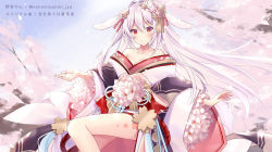 Rule 34 | animal ears, bare shoulders, breasts, cleavage, collarbone, commentary request, feet out of frame, flower, hair between eyes, hair flower, hair intakes, hair ornament, highres, indie virtual youtuber, japanese clothes, kagachi saku, kimono, long hair, long sleeves, medium breasts, nonomiya yon, off shoulder, parted lips, pink flower, rabbit ears, red eyes, silver hair, solo, tree, very long hair, virtual youtuber, white kimono, wide sleeves