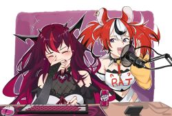 Rule 34 | ameiarts, animal ears, black hair, blue eyes, blush, can, detached sleeves, drink can, hair ornament, hakos baelz, heterochromia, highres, hololive, hololive english, horns, irys (hololive), keyboard (computer), laughing, long hair, microphone, mouse ears, mouse girl, multicolored hair, multiple girls, open mouth, pointy ears, purple eyes, purple hair, red hair, smile, soda can, spikes, streaked hair, twintails, virtual youtuber, white hair, wings