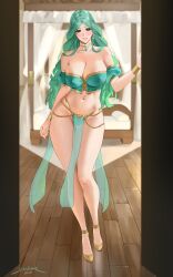 Rule 34 | 1girl, 2024, alternate costume, alternate hairstyle, artist name, bare legs, bare shoulders, belly chain, blush, bracer, breasts, cleavage, collarbone, covered erect nipples, dancer, dated, female focus, fire emblem, fire emblem: three houses, full body, green eyes, green hair, green panties, green skirt, grin, harem outfit, highres, jewelry, large breasts, legs, long hair, looking at viewer, matching hair/eyes, navel, neck ring, nintendo, off shoulder, panties, parted bangs, pelvic curtain, pendant, rhea (fire emblem), see-through, sendo (sendrawz), skirt, smile, solo, underwear