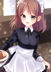 Rule 34 | 1girl, :d, apron, black bow, black dress, bow, breasts, brown eyes, brown hair, clip studio paint (medium), collared dress, commentary request, dress, frilled apron, frills, holding, holding plate, indoors, long sleeves, looking at viewer, maid, maid headdress, medium breasts, misaki (misaki86), open mouth, original, plate, smile, solo, waist apron, white apron