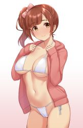 Rule 34 | 1girl, bikini, bow, breasts, brown eyes, brown hair, closed mouth, commentary request, gradient background, hair bow, highres, idolmaster, idolmaster cinderella girls, igarashi kyoko, jacket, looking at viewer, medium breasts, open clothes, open jacket, pink background, pink bow, red jacket, short hair, side-tie bikini bottom, side ponytail, smile, solo, swimsuit, thighs, tomajiyama, white bikini