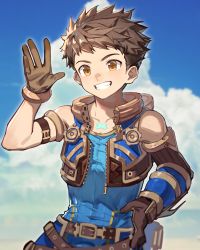 Rule 34 | 1boy, absurdres, bare shoulders, belt, brown gloves, brown hair, day, gloves, grin, highres, male focus, outdoors, rex (xenoblade), sky, smile, solo, sora (zwz030), waving, xenoblade chronicles (series), xenoblade chronicles 2, yellow eyes
