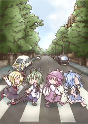 Rule 34 | +++, 4girls, abbey road, ahoge, album cover redraw, antenna hair, barefoot, bird wings, black cape, black skirt, black vest, blonde hair, blue dress, blue hair, blue shorts, brick wall, cape, car, chibi, cirno, closed eyes, commentary request, crosswalk, day, derivative work, dress, eyebrows visible through hat, facing another, flying sweatdrops, green eyes, green hair, hair between eyes, hands on own hips, hat, head tilt, highres, kneehighs, lamppost, lavender dress, lavender footwear, lavender legwear, long sleeves, looking at another, looking back, motor vehicle, multiple girls, mystia lorelei, open mouth, outdoors, outstretched arms, pink eyes, pink hair, puffy short sleeves, puffy sleeves, purple socks, red footwear, red neckwear, road, rumia, shirt, short hair, short sleeves, shorts, sidewalk, skirt, skirt set, smile, socks, spread arms, standing, standing on one leg, stepping on clothes, takanoru, team 9, the beatles, touhou, untucked shirt, vanishing point, vest, volkswagen beetle, walking, white legwear, white shirt, wings, wriggle nightbug
