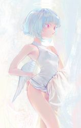 Rule 34 | 1girl, absurdres, angel, bare shoulders, between legs, blue hair, blunt bangs, blush, bob cut, breasts, closed mouth, clothes lift, covered erect nipples, curtains, dress, dress lift, expressionless, feathered wings, female focus, from side, halo, highres, jpeg artifacts, kaede (shijie heping), lifted by self, light blush, no panties, original, red eyes, see-through, short dress, short hair, simple background, sleeveless, sleeveless dress, small breasts, solo, standing, white background, white dress, white wings, wings