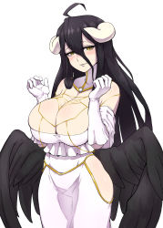 Rule 34 | 1girl, absurdres, ahoge, albedo (overlord), bad id, bad pixiv id, bare shoulders, black hair, black wings, blush, breasts squeezed together, breasts, bursting breasts, curvy, demon girl, demon horns, demon wings, dress, dungbae, feathered wings, gloves, hair between eyes, highres, hip focus, hip vent, horns, huge breasts, long hair, looking at viewer, low wings, nose blush, overlord (maruyama), smile, solo, very long hair, white dress, white gloves, wings, yellow eyes