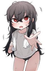 Rule 34 | absurdres, black buruma, black hair, blush, buruma, crossed bangs, fang, foreshortening, hair between eyes, highres, hourglass 02, leaning forward, long hair, looking at viewer, messy hair, open mouth, outstretched hand, red eyes, shirt, slit pupils, sweat, towel, towel around neck, white shirt