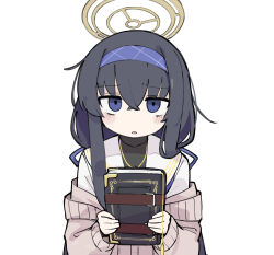 Rule 34 | 1girl, black hair, blue archive, blue eyes, blue hairband, blue ribbon, blush, book, cardigan, crossed bangs, fusazakura, hair ribbon, hairband, halo, highres, holding, holding book, jewelry, long hair, long sleeves, looking at viewer, necklace, parted lips, ribbon, sailor collar, simple background, solo, ui (blue archive), upper body, very long hair, white background, white sailor collar