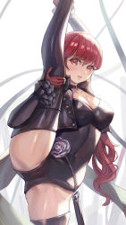 Rule 34 | 1girl, absurdres, black leotard, black thighhighs, boots, breasts, choker, cleavage, coattails, female focus, gloves, highres, jacket, leg hold, leotard, long hair, matching hair/eyes, persona, persona 5, red eyes, red gloves, red hair, scabbard, sheath, smile, solo, split, standing, standing on one leg, standing split, thigh boots, thighhighs, yahiro (heartseek000), yoshizawa kasumi