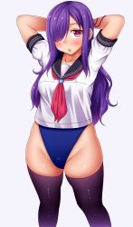 Rule 34 | 1girl, arms behind head, arms up, bad id, bad pixiv id, blush, breasts, hair over one eye, highleg, highleg swimsuit, long hair, looking at viewer, medium breasts, neri sachiko, no pants, open mouth, original, plump, purple eyes, purple hair, school uniform, serafuku, simple background, solo, standing, swimsuit, swimsuit under clothes, thick thighs, thighhighs, thighs
