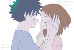 Rule 34 | 1boy, 1girl, blush, boku no hero academia, brown hair, buthikireta, closed eyes, commentary request, dated, from side, green hair, grey shirt, hands on another&#039;s face, hetero, looking at another, midoriya izuku, pink shirt, scar, scar on arm, shirt, short hair, simple background, smile, translation request, twitter username, upper body, uraraka ochako, white background