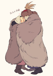 Rule 34 | 1boy, 1girl, ^ ^, black hair, blush, boots, brown headwear, cloak, closed eyes, couple, covered mouth, eyeliner, from side, full body, fur cloak, fur hat, happy, hat, hat feather, heart, hetero, hug, kenkon no washi, li sakura, long sleeves, makeup, mask, mouth mask, red headwear, robe, shared clothes, simple background, standing