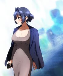 Rule 34 | 1girl, absurdres, alternate costume, alternate hairstyle, bag, blue eyes, blue hair, blush, breasts, brown dress, cleavage, collarbone, commentary, ddolbang, dress, earrings, english commentary, hair intakes, handbag, highres, hololive, hololive english, jacket, jacket on shoulders, jewelry, large breasts, long sleeves, nail polish, ouro kronii, solo, stud earrings, tight clothes, tight dress, virtual youtuber