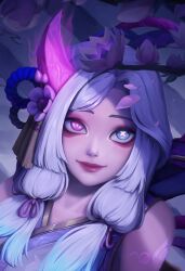 Rule 34 | 1girl, alternate costume, bare shoulders, boraiolet, closed mouth, flower, green eyes, gwen (league of legends), hair ribbon, heterochromia, highres, horns, league of legends, long hair, multicolored background, petals, pink eyes, pink horns, pink ribbon, ribbon, shoulder tattoo, single horn, smile, solo, spirit blossom (league of legends), symbol in eye, tattoo, upper body