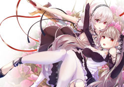 Rule 34 | 2girls, apron, arm up, azur lane, bare shoulders, between breasts, black dress, blush, breasts, choker, cleavage, dress, earrings, formidable (azur lane), frilled dress, frills, grey hair, hair between eyes, hair ribbon, hairband, high heels, holding, holding sword, holding weapon, imo bouya, jewelry, lace-trimmed hairband, lace trim, large breasts, long hair, long sleeves, looking at viewer, multiple girls, puffy sleeves, red eyes, ribbon, short hair, sidelocks, sirius (azur lane), sword, thighhighs, twintails, two-tone dress, two-tone ribbon, very long hair, weapon, white dress, white hair, white legwear