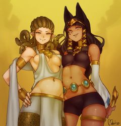 Rule 34 | 2girls, :d, animal ears, ankh, anubis (mythology), armlet, artist name, bad id, bad pixiv id, bare shoulders, bike shorts, black hair, blunt bangs, bracelet, breasts, circlet, commentary, cowboy shot, dark-skinned female, dark skin, detached sleeves, egyptian mythology, english commentary, fangs, fangs out, greek mythology, green eyes, groin, hair ornament, highres, jackal ears, jackal girl, jewelry, long hair, looking at viewer, medium breasts, medusa (mythology), meir0h, midriff, multiple girls, navel, neck ring, necklace, open mouth, pelvic curtain, pointy ears, scales, sidelocks, simple background, slit pupils, smile, snake hair, thighlet, x hair ornament, yellow background, yellow eyes